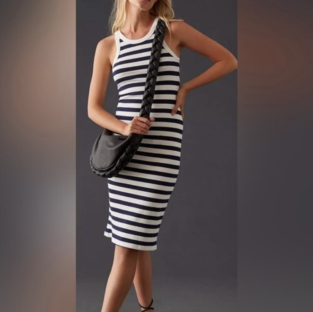 Mother Move It The Chin Ups Midi Dress Blue White Stripe Size XS Ribbed Tank